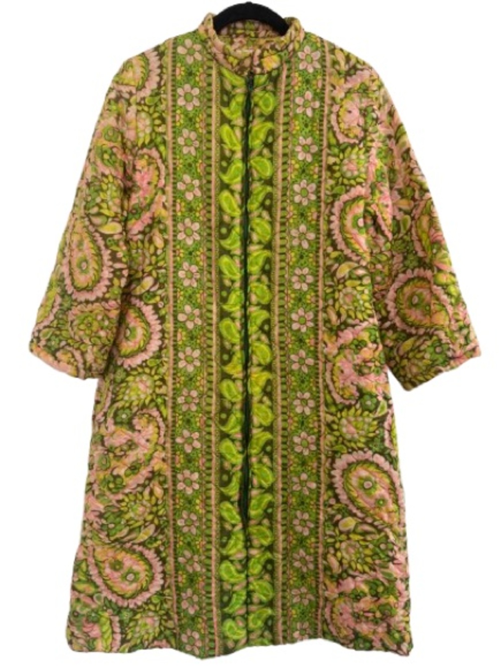 Vintage 1960s Loungees Quilted House Coat Dress Loungewear Green Pink Floral